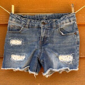 Cat & Jack Girls Distressed Denim Shorts L 10/12 Blue Lace Patch Details Frayed